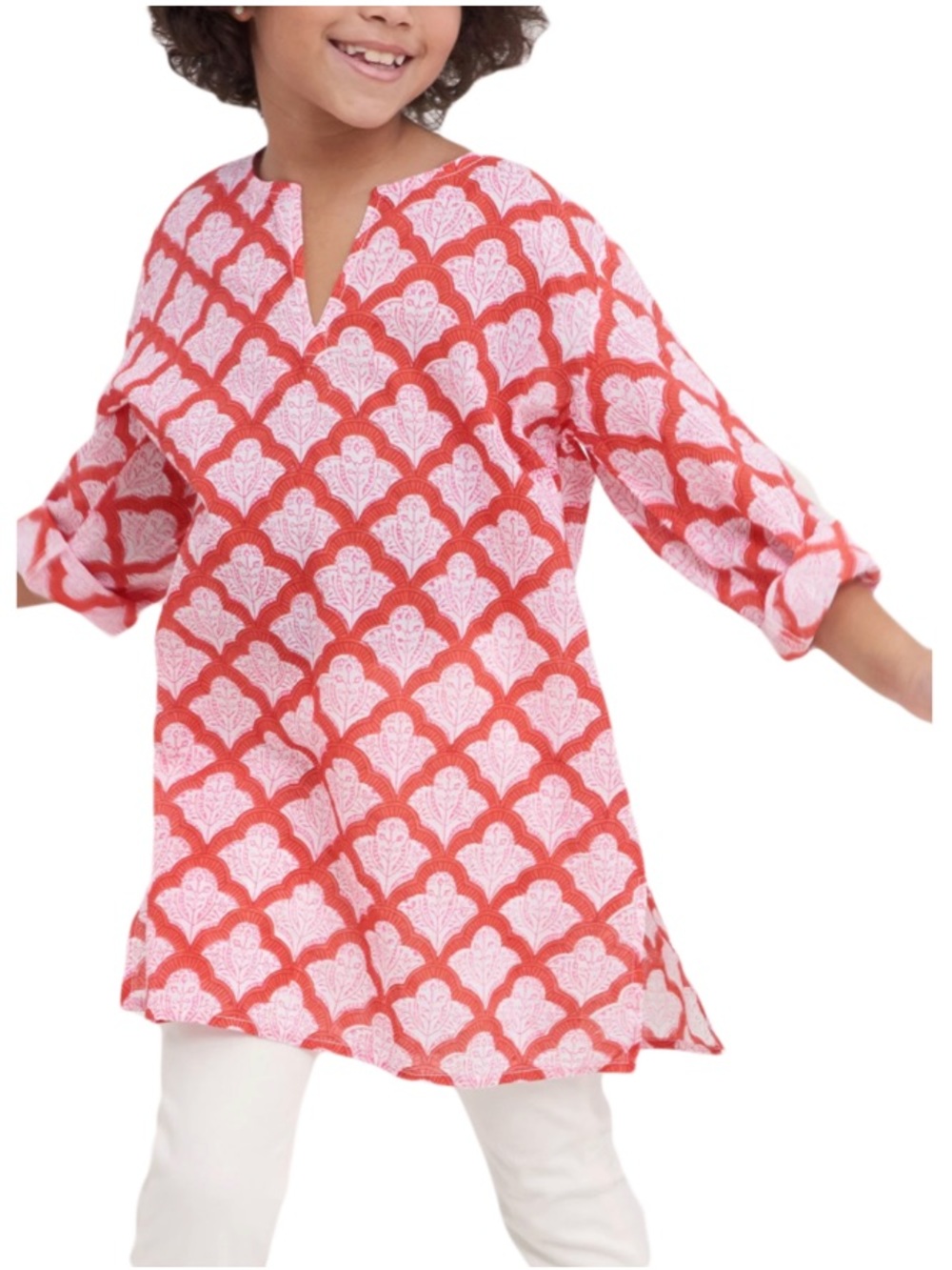 Girl's Roller Rabbit Jemina Kurta Cotton Block-Print Mosaic Tunic Shirt Red 10